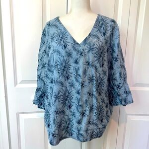100% Linen J.Jill Love Linen Blue Floral Quarter Sleeve Top Spring Summer